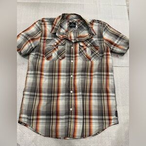 [L]Prana Casual Button Down Shirt in Black Orange and Gray Plaid